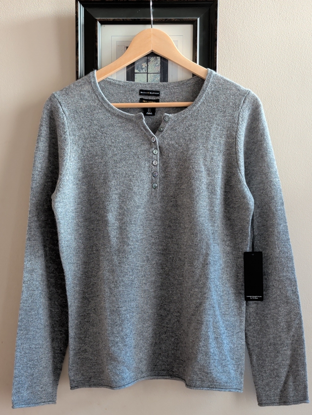 mercer & madison 100% Cashmere Grey Henley Sweater